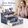 imageMakeup Organizer Countertop  Tempered Glass Vanity Organizer for Cosmetics Skincare Hair Tools Brushes Perfume  Multipurpose Bathroom Counter Skincare Organizerblue