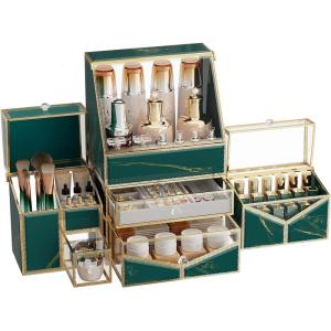 imageExtra Large Makeup Organizer Glass Cosmetic Storage with Drawers Stackable Makeup and Jewelry Organizer for Vanity Table Bathroom Countertop Skincare Lipsticks Perfume BrushesGreen