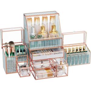 imageExtra Large Makeup Organizer Glass Cosmetic Storage with Drawers Stackable Makeup and Jewelry Organizer for Vanity Table Bathroom Countertop Skincare Lipsticks Perfume BrushesGold