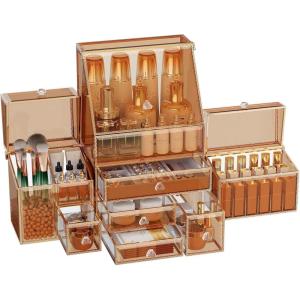 imageExtra Large Makeup Organizer Glass Cosmetic Storage with Drawers Stackable Makeup and Jewelry Organizer for Vanity Table Bathroom Countertop Skincare Lipsticks Perfume BrushesAmber