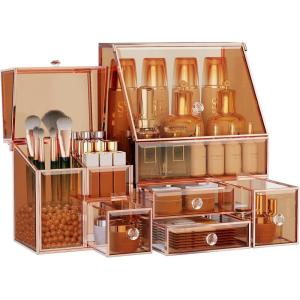 imageGlass Makeup Organizer  MultiFunctional 3in1 Cosmetic Organizer for Skincare Lipstick Brushes  Vanity Organizer ampamp Bathroom OrganizerAmber