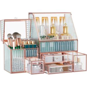 imageGlass Makeup Organizer  MultiFunctional 3in1 Cosmetic Organizer for Skincare Lipstick Brushes  Vanity Organizer ampamp Bathroom OrganizerGold