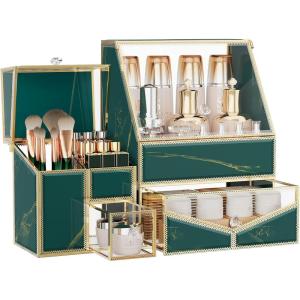 imageGlass Makeup Organizer  MultiFunctional 3in1 Cosmetic Organizer for Skincare Lipstick Brushes  Vanity Organizer ampamp Bathroom OrganizerGreen