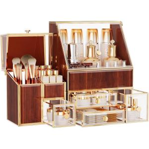 imageGlass Makeup Organizer  MultiFunctional 3in1 Cosmetic Organizer for Skincare Lipstick Brushes  Vanity Organizer ampamp Bathroom Organizergolden yellow