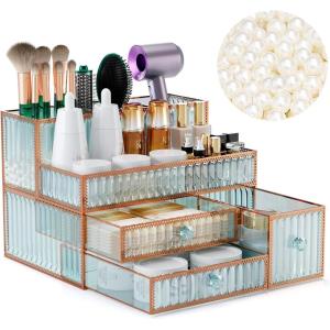 imageMakeup Organizer Countertop  Tempered Glass Vanity Organizer for Cosmetics Skincare Hair Tools Brushes Perfume  Multipurpose Bathroom Counter Skincare Organizergreen