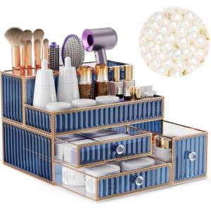 imageMakeup Organizer Countertop  Tempered Glass Vanity Organizer for Cosmetics Skincare Hair Tools Brushes Perfume  Multipurpose Bathroom Counter Skincare Organizerblue