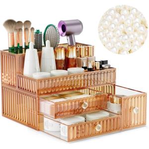 imageMakeup Organizer Countertop  Tempered Glass Vanity Organizer for Cosmetics Skincare Hair Tools Brushes Perfume  Multipurpose Bathroom Counter Skincare OrganizerGolden