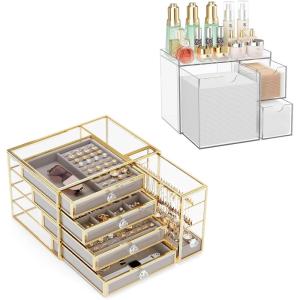 imageYoudepot Clear Acrylic Disposable Face Towel Holder with Drawers  Tempered Glass Jewelry Box Organizer for Women Vanity and Bathroom Storage