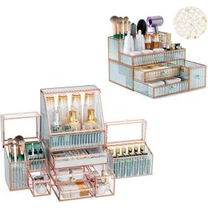 imageYoudepot Hair Tool ampamp Makeup Organizer  Luxury Tempered Glass Cosmetics Organizer Countertop for Women  Large Vanity Organizer ampamp Storage with Skincare Organizers Jewelry Compartments and Makeup Dra