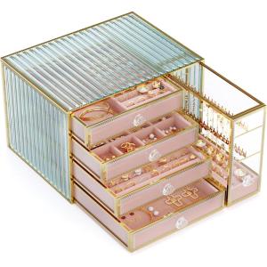imageYoudepot Jewelry organizer boxTempered Glass 5Drawer jewelry boxes for women Large Jewelry Boxes ampamp Organizers With Velvet Necklaces Earring OrganizerJewelry Box pink