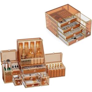 imageYoudepot Tempered Glass Makeup Organizer Countertop  MultiFunctional Cosmetic Display Case with Jewelry Organizer  Elegant Bathroom and Vanity Organizer