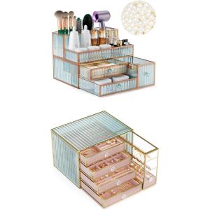 imageYoudepot 2Piece Hair Tool and Jewelry Organizer Set  Tempered Glass Makeup Jewelry and Hair Styling Tool Storage for Vanity and Countertop  Elegant Multipurpose Organizer for Home and Gift Use