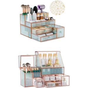 imageYoudepot 2Piece Hair Tool and Makeup Organizer  Tempered Glass Vanity Storage for Cosmetics Skincare and Hair Tools  Large MultiFunctional Bathroom and Dresser Organizer