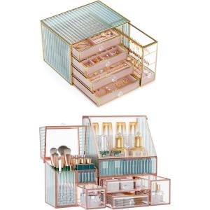 imageYoudepot Tempered Glass Makeup Organizer Countertop 5Drawer Jewelry Box  Large VelvetLined  MultiFunctional jewelry organizerSkincare Storage for Vanity and Bathroom Countertop