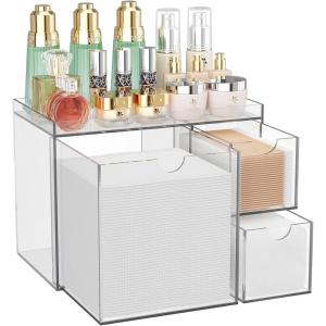 imageYoudepot Clear Acrylic Face Towel Holder with 3 Drawers AllinOne Bathroom Vanity Organizer for Disposable Face Towels Cotton Pads Swabs and Skincare Tools